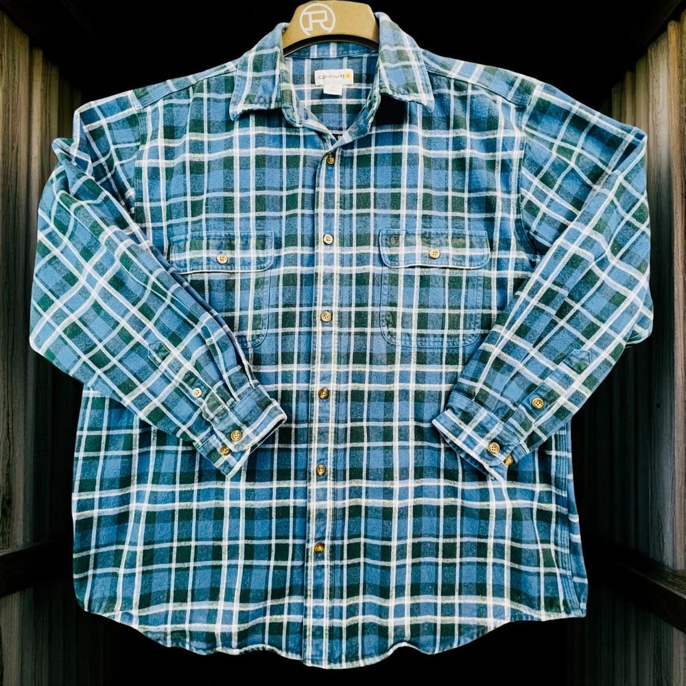 Carhartt Button Down Shirt Mens XL Blue Cotton Flannel Plaid Flat Chest Pockets
